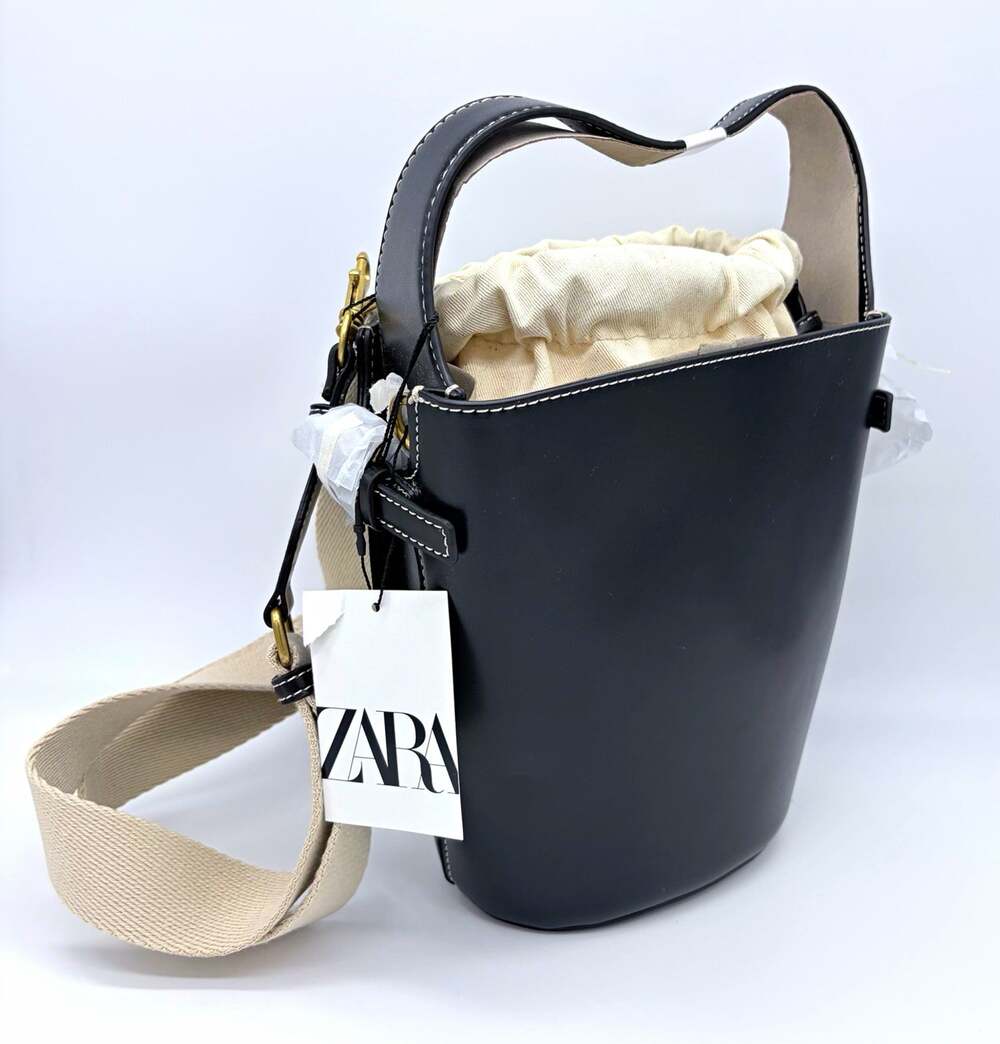 Zara Black Leather Bucket Drawstring Bag Adjustable Detachable Strap Dust Bag